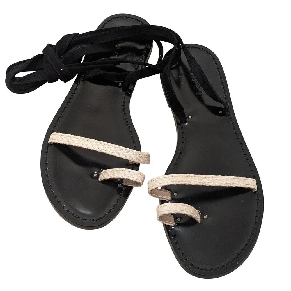 Amanu Black & White Leather Raffia Lace Up Ankle Tie Sandals‎ Made in Italy Sz 8